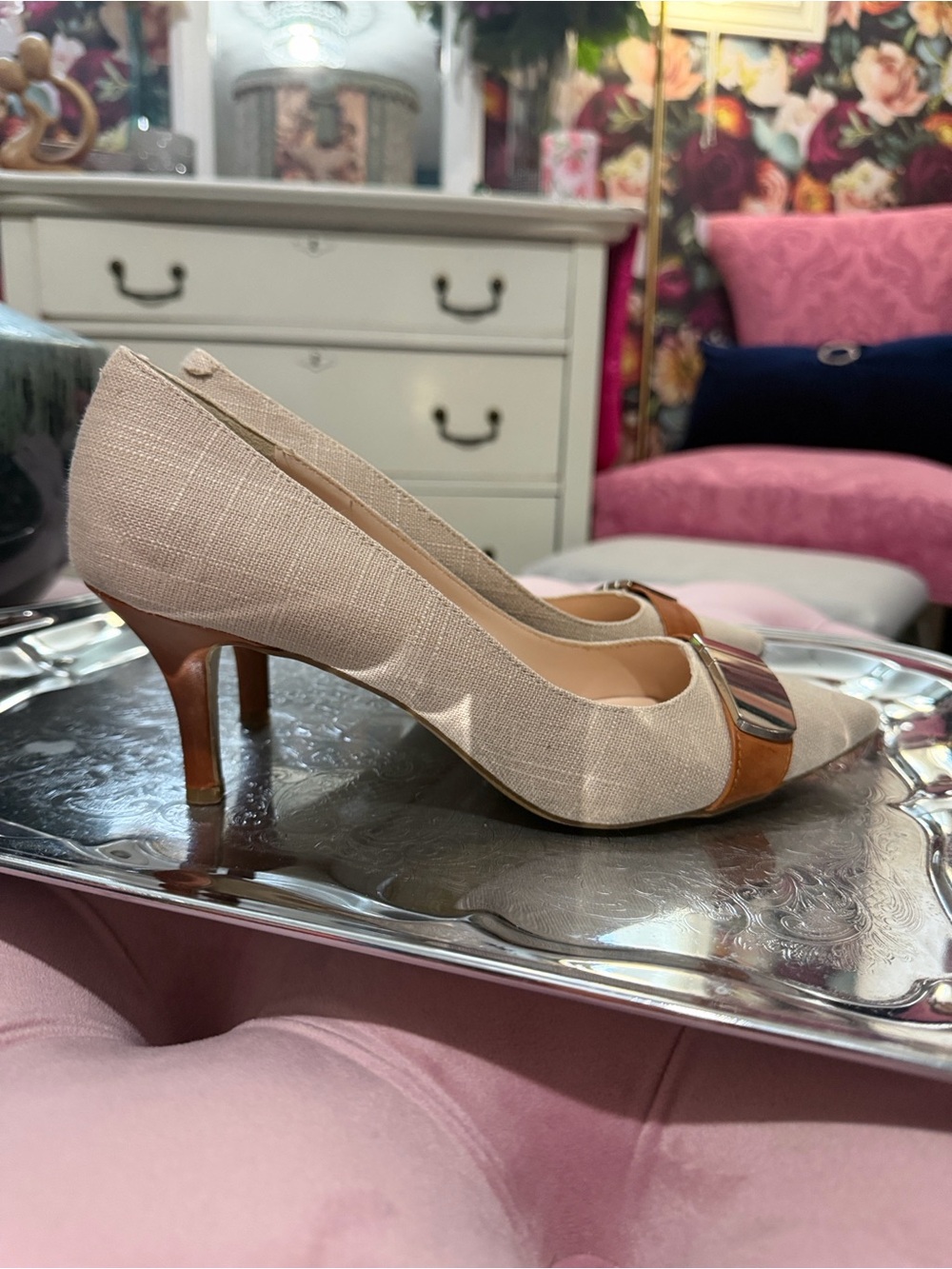 Nine West Beige and Brown Kitten Heel Pumps with Metal Accent